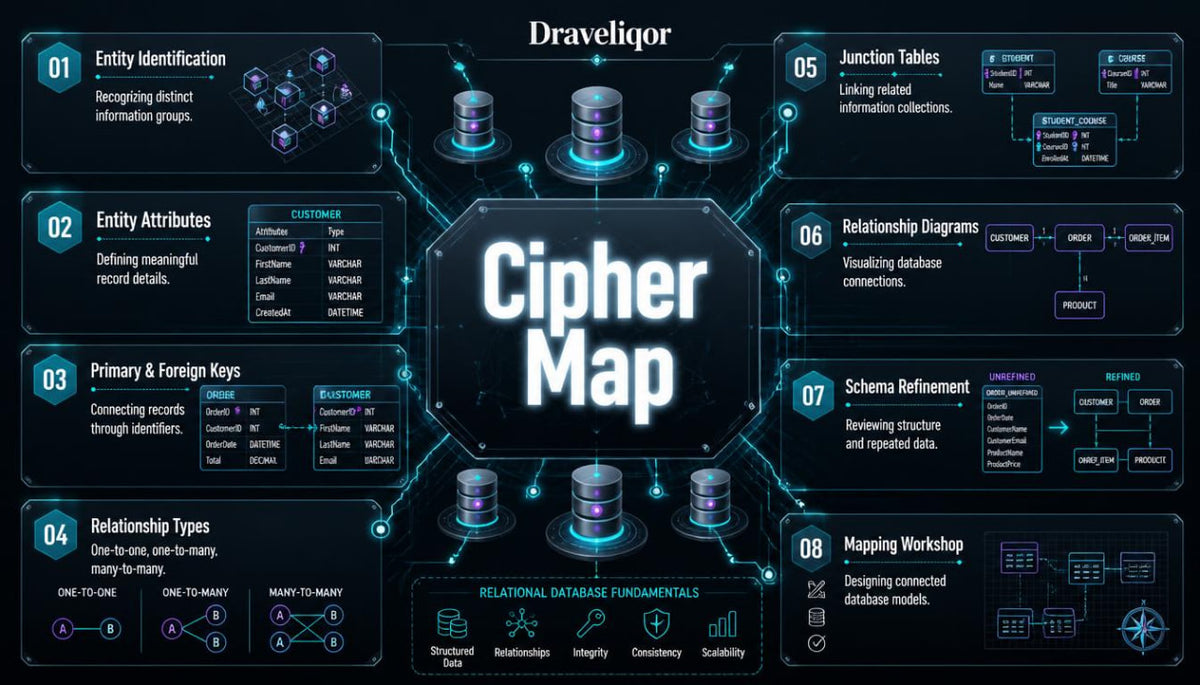 A dark-themed infographic titled 'Draveliqor ' and 'Cipher Map' showing a central black hexagon with glowing white text, surrounded by labeled sections about database concepts such as entity identification, entity attributes, primary and foreign keys, junction tables, relationship diagrams, schema refinement, relational database fundamentals, and mapping workshop. The layout uses blue, cyan, and white graphics on a black background.