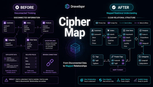 A dark-themed infographic titled 'Cipher Map' by Draveliqor, comparing a 'Before' disconnected database state on the left with an 'After' mapped relational structure on the right, using boxes, arrows, and icons to explain database organization.