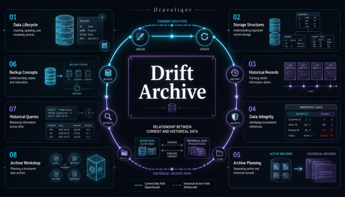 A dark navy digital infographic titled 'Drift Archive' with glowing cyan and purple interface elements, icons, and labeled sections around a central title card.