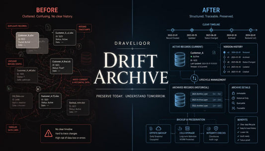 A digital infographic titled 'Drift Archive' by Draveliqor , comparing a 'Before' state of unstructured, confusing data with an 'After' state of structured, traceable data, using dark UI-style panels and icons.