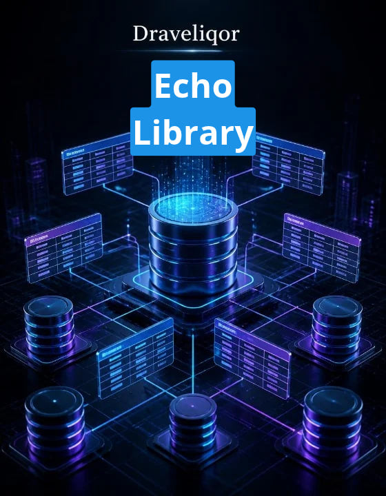 Digital cover graphic for 'Echo Library' by Draveliqor , featuring a futuristic dark blue and black database network with glowing blue and purple server stacks and interface panels.