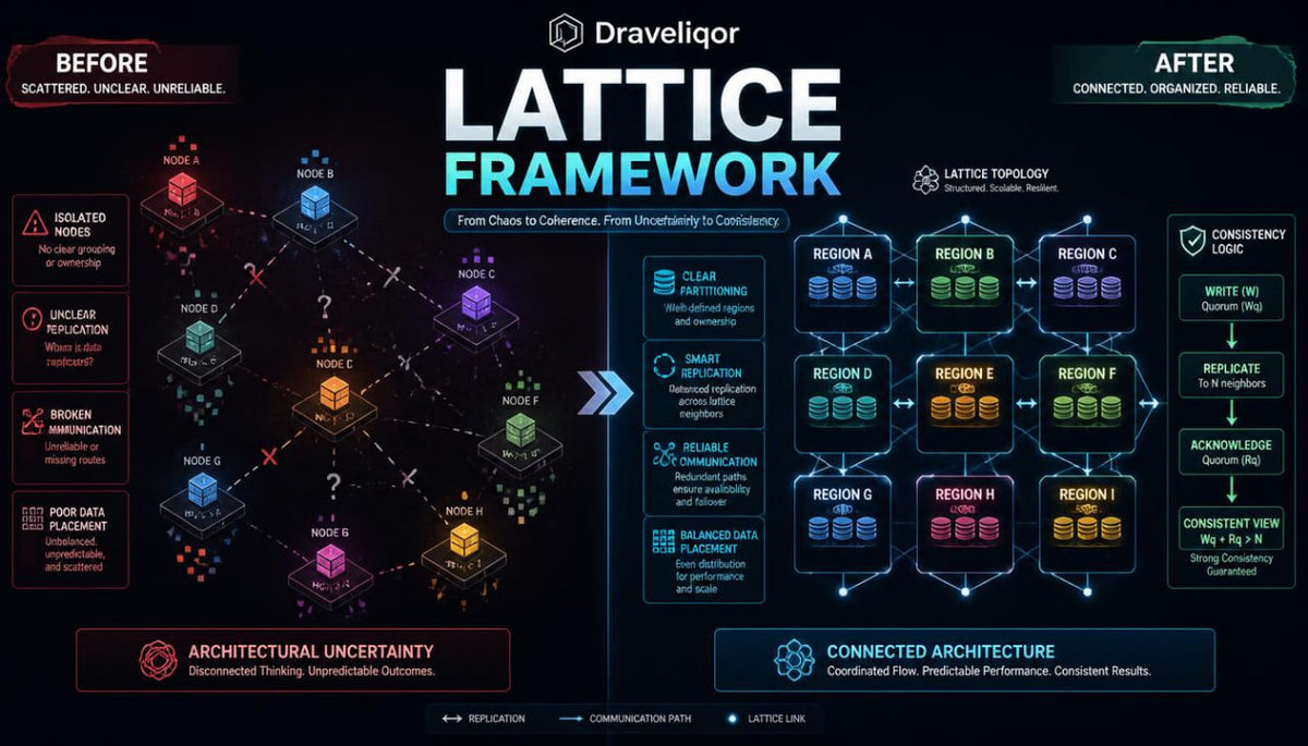 A dark promotional infographic for Draveliqor Lattice Framework, comparing a 'Before' state of scattered, unreliable data with an 'After' state of connected, organized clusters. The graphic features colorful 3D isometric diagrams, text callouts, and a clean dark background.