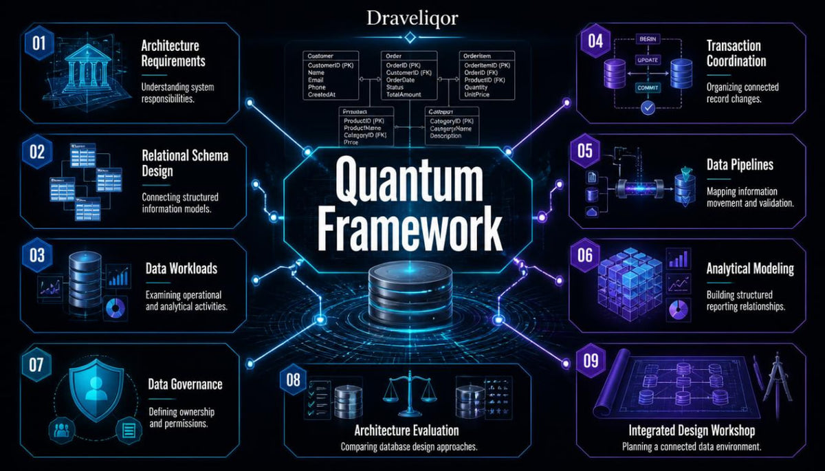 A digital infographic titled 'Quantum Framework' by Draveliqor , featuring a central database icon surrounded by nine numbered blue technology and database concepts on a dark navy background.
