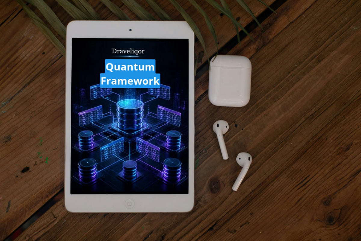 A tablet on a wooden surface displaying a digital graphic titled 'Draveliqor Quantum Framework,' with white earbuds and a white charging case beside it.