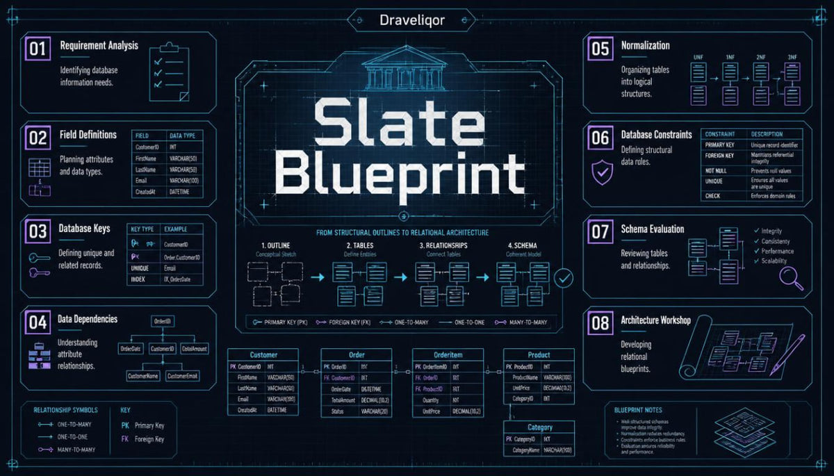 A dark blue and black infographic poster titled 'Slate Blueprint' with multiple numbered sections, technical diagrams, and text blocks related to database architecture and normalization. The brand name 'Dravelor' appears at the top.