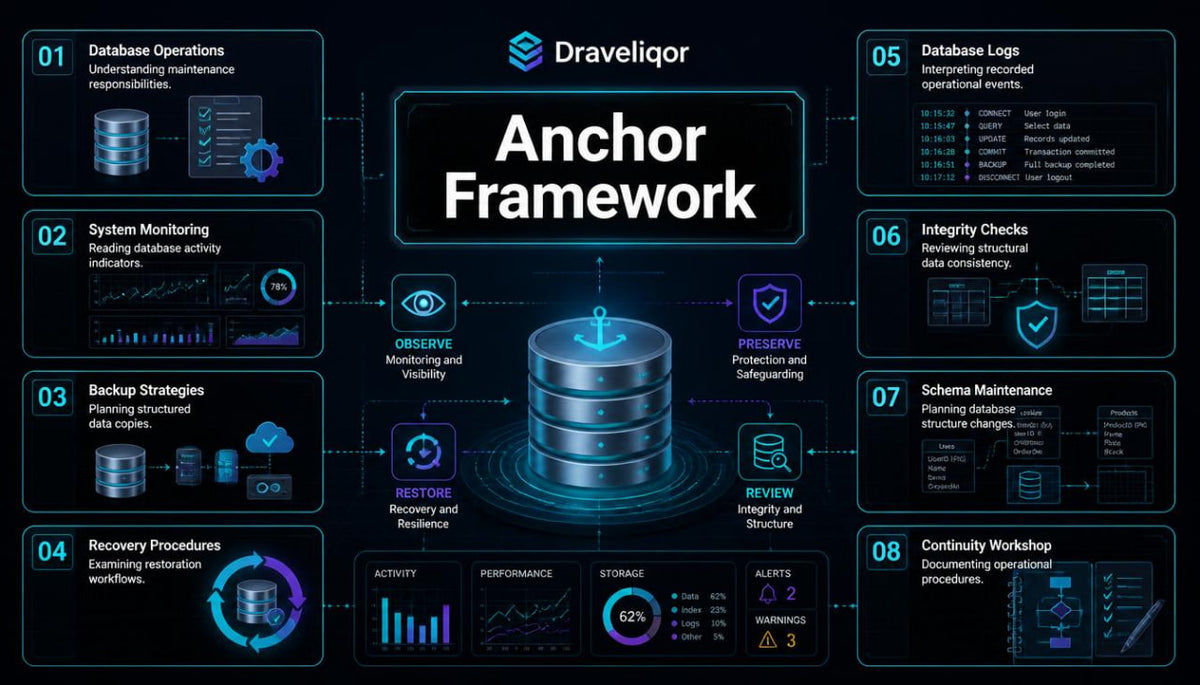A digital infographic titled 'Draveliqor Anchor Framework' on a dark background, showing a central glowing database icon connected to labeled modules such as database operations, system monitoring, backup strategies, recovery procedures, integrity checks, schema maintenance, and continuity workshop.