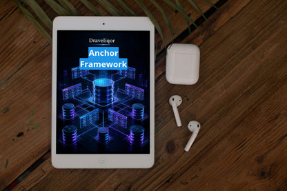 A tablet on a wooden surface displaying the Draveliqor Anchor Framework app, with white earbuds and their charging case beside it.