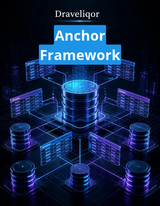 Digital graphic with the text 'Draveliqor Anchor Framework' over a futuristic blue and purple database architecture illustration on a dark background.