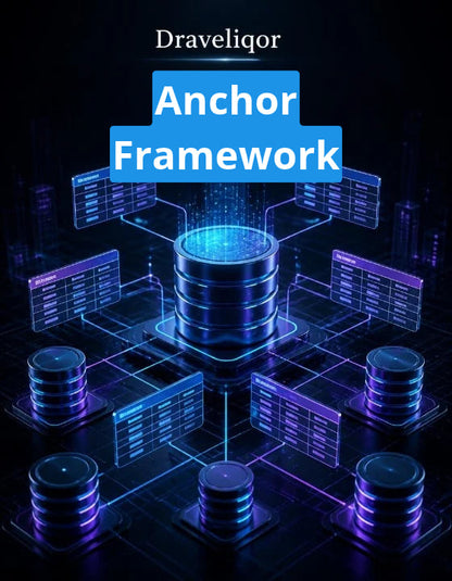 Digital graphic with the text 'Draveliqor Anchor Framework' over a futuristic blue and purple database architecture illustration on a dark background.