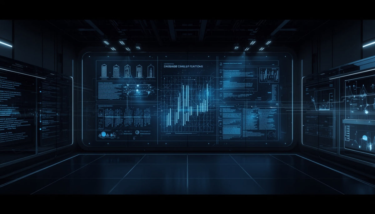A futuristic dark blue and black digital interface scene with glowing blue charts, graphs, and data panels in a high-tech control room or server hall.
