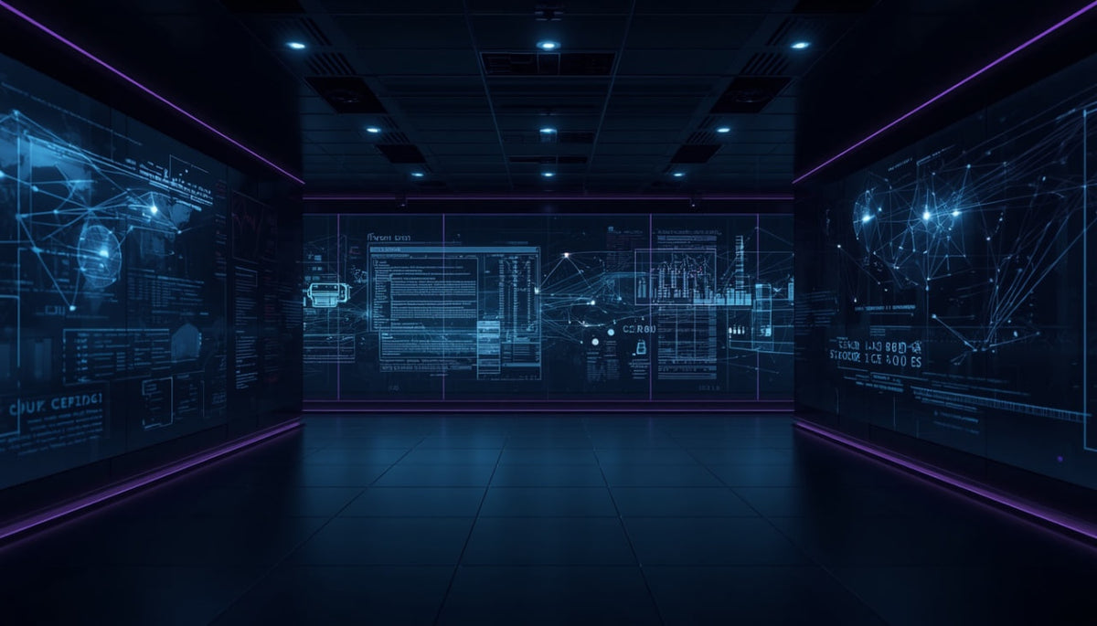 A futuristic dark corridor with glowing blue digital interface graphics on the walls and purple neon edge lighting, resembling a high-tech control room or virtual interior.