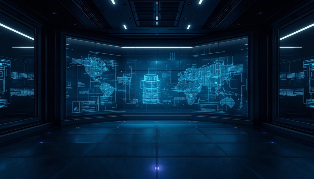 A futuristic dark control room with a large curved digital display wall showing blue holographic world maps and technical schematics, with glowing ceiling lights and a reflective floor.