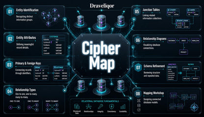 A dark-themed infographic titled 'Draveliqor ' and 'Cipher Map' showing a central black hexagon with glowing white text, surrounded by labeled sections about database concepts such as entity identification, entity attributes, primary and foreign keys, junction tables, relationship diagrams, schema refinement, relational database fundamentals, and mapping workshop. The layout uses blue, cyan, and white graphics on a black background.