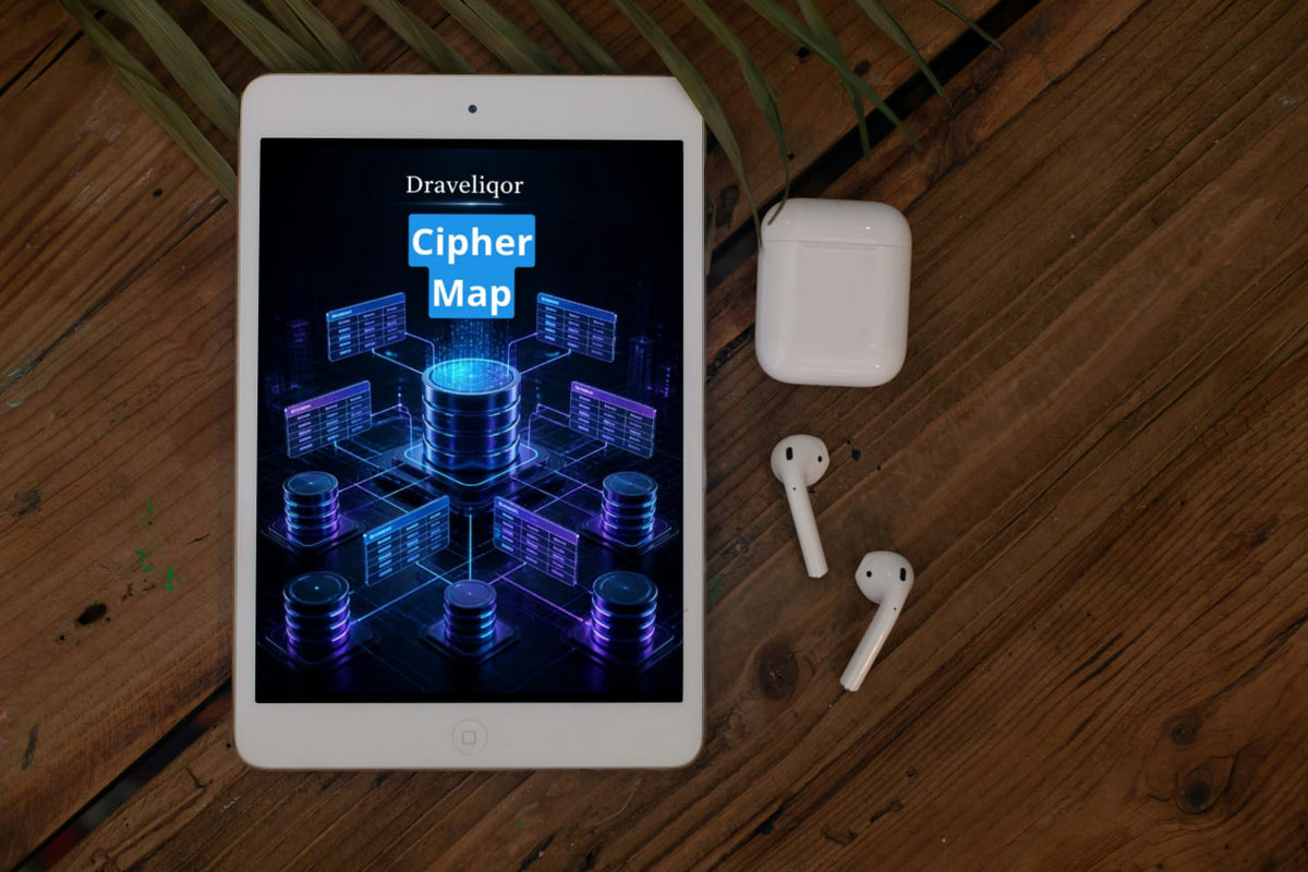A tablet on a wooden surface displaying a digital cover titled 'Draveliqor Cipher Map,' with white wireless earbuds and their charging case placed beside it.