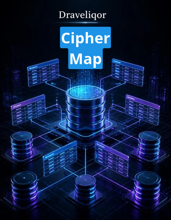 Digital cover art for 'Draveliqor Cipher Map' featuring a futuristic cybernetic database graphic with glowing blue and purple server stacks and interface panels on a dark background.