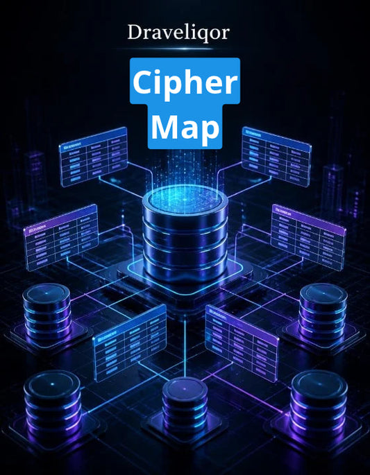 Digital cover art for 'Draveliqor Cipher Map' featuring a futuristic cybernetic database graphic with glowing blue and purple server stacks and interface panels on a dark background.