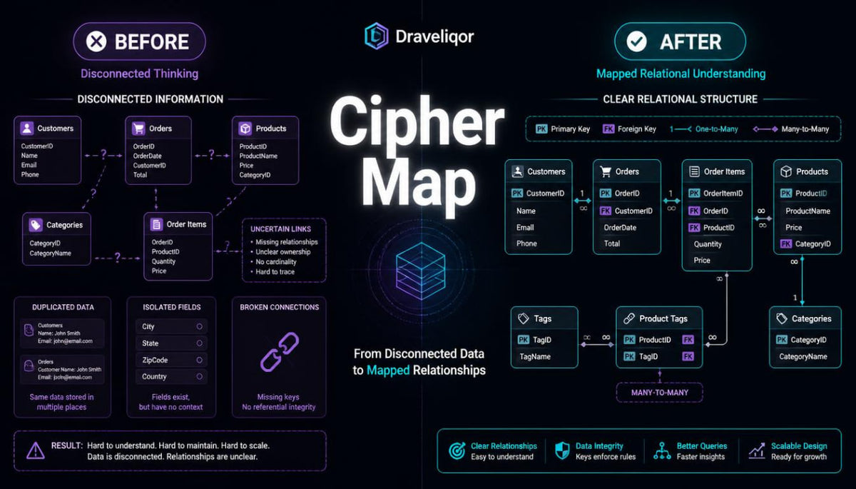 A dark-themed infographic titled 'Cipher Map' by Draveliqor, comparing a 'Before' disconnected database state on the left with an 'After' mapped relational structure on the right, using boxes, arrows, and icons to explain database organization.