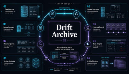 A dark navy digital infographic titled 'Drift Archive' with glowing cyan and purple interface elements, icons, and labeled sections around a central title card.