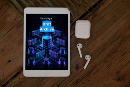 A tablet on a wooden surface displaying a digital graphic with the text 'Draveliqor Drift Archive,' alongside white earbuds and a white charging case.