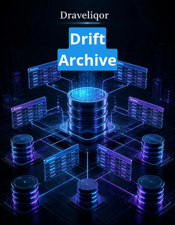 Digital graphic featuring the text 'Draveliqor ' at the top and 'Drift Archive' in a blue title block over a futuristic dark cyberpunk database illustration with glowing blue and purple server stacks and interface panels.