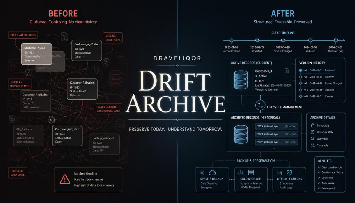 A digital infographic titled 'Drift Archive' by Draveliqor , comparing a 'Before' state of unstructured, confusing data with an 'After' state of structured, traceable data, using dark UI-style panels and icons.