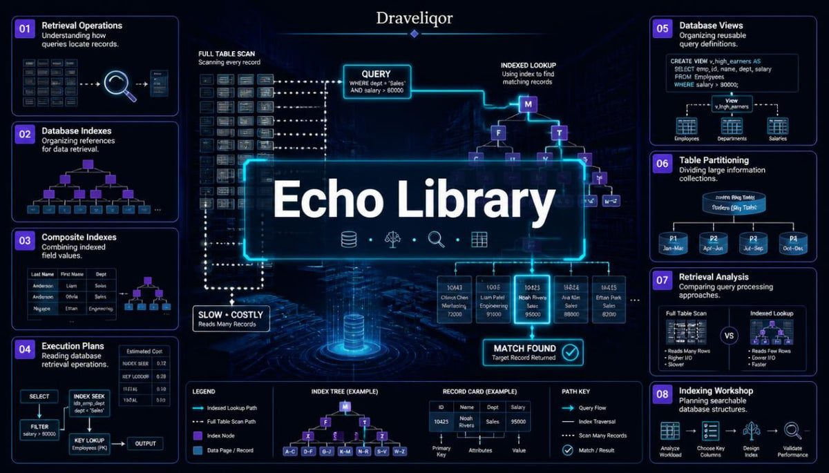 A digital infographic poster titled 'Echo Library' by Draveliqor , featuring a dark blue and black background with glowing cyan and purple database and database indexing diagrams.