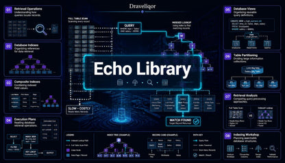 A digital infographic poster titled 'Echo Library' by Draveliqor , featuring a dark blue and black background with glowing cyan and purple database and database indexing diagrams.