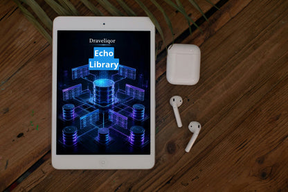 A tablet on a wooden surface displaying the 'Draveliqor Echo Library' app, styled with white wireless earbuds and their charging case nearby.