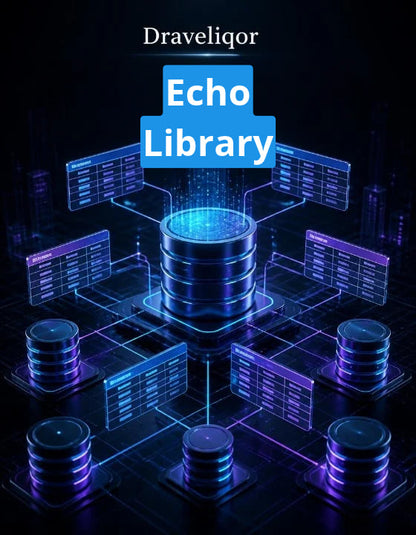Digital cover graphic for 'Echo Library' by Draveliqor , featuring a futuristic dark blue and black database network with glowing blue and purple server stacks and interface panels.