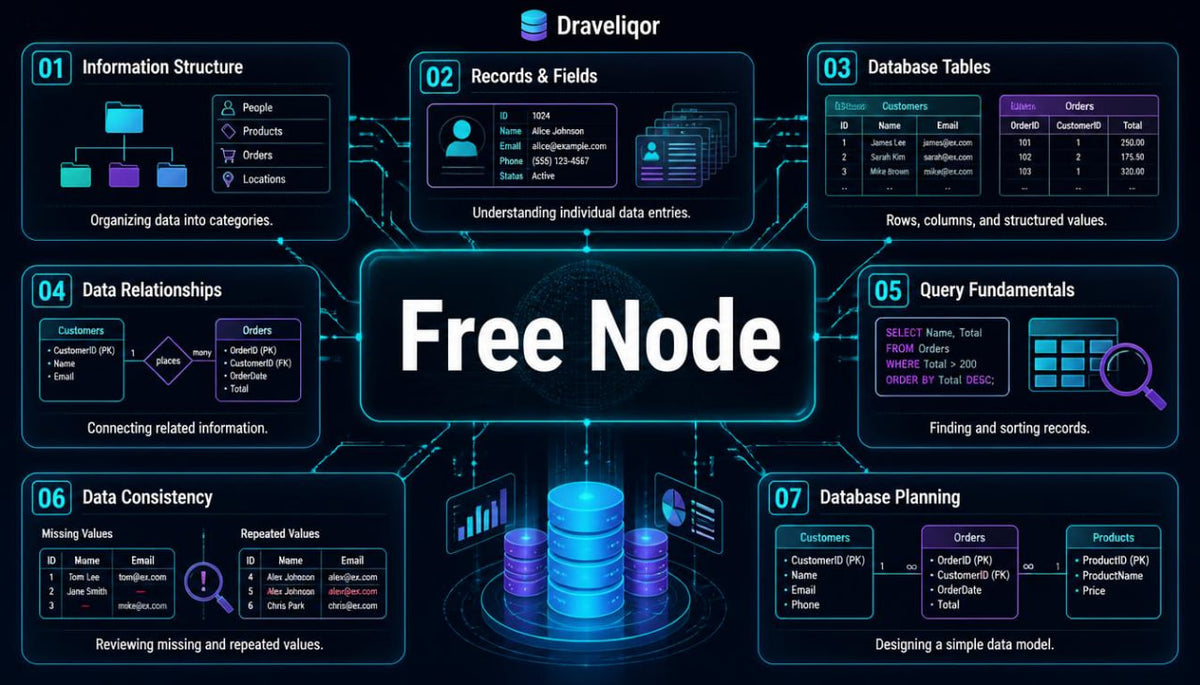 An infographic-style digital diagram titled 'Free Node' with the Draveliqor logo at the top, showing seven labeled sections around a central dark panel with glowing blue database icons. The sections discuss information structure, records and fields, database tables, data relationships, query fundamentals, data consistency, and database planning.