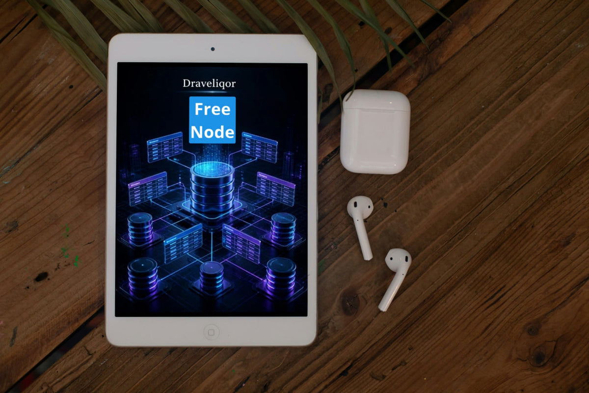 A tablet device displaying a digital interface labeled 'Draveliqor Free Node,' placed on a wooden surface alongside white earbuds and a white charging case.