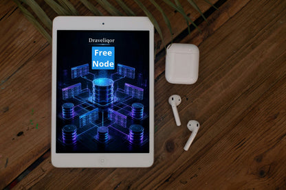 A tablet device displaying a digital interface labeled 'Draveliqor Free Node,' placed on a wooden surface alongside white earbuds and a white charging case.
