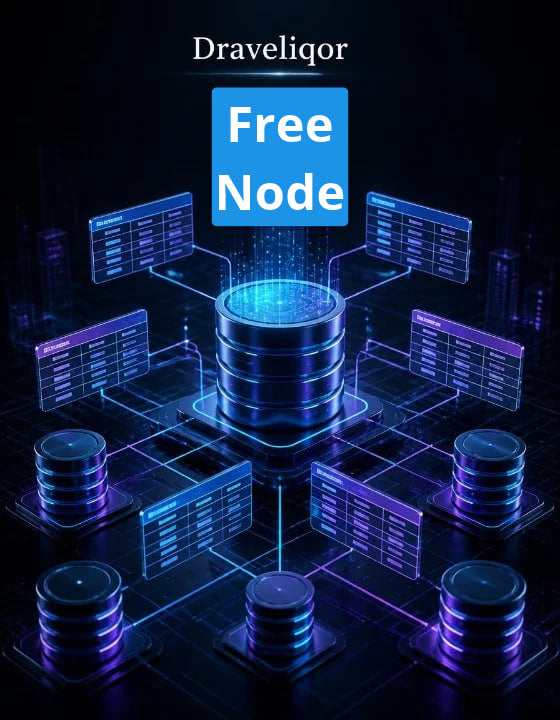Promotional graphic for Draveliqor Free Node, featuring a central glowing blue database server surrounded by smaller servers and data panels on a dark futuristic background.