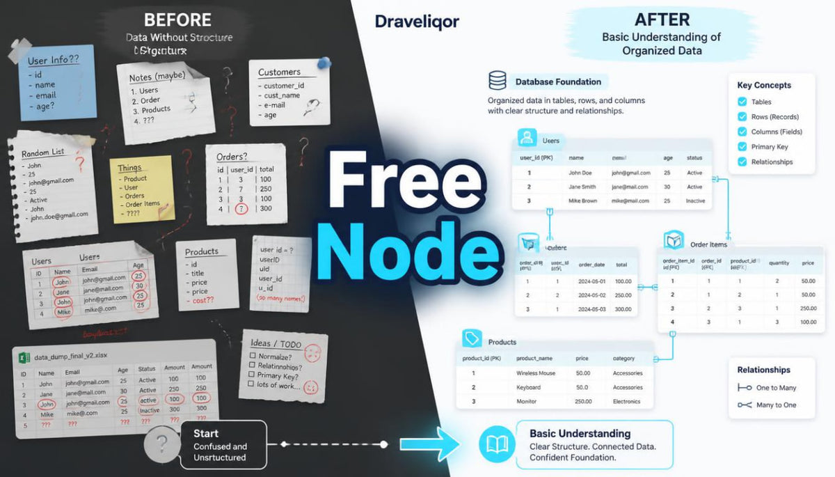 An educational infographic titled 'Free Node' comparing 'Before' and 'After' database organization, featuring Draveliqor branding and diagrams of sticky notes, tables, and relationships.