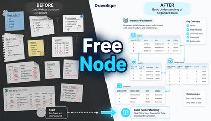 An educational infographic titled 'Free Node' comparing 'Before' and 'After' database organization, featuring Draveliqor branding and diagrams of sticky notes, tables, and relationships.