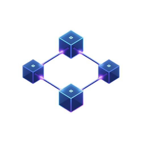 A digital graphic showing four glowing blue cubes arranged in a diamond shape with purple neon lines on a solid white background.