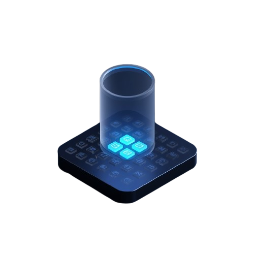 A futuristic black square control panel with a translucent blue cylindrical display or cup-like element rising from the center, featuring glowing blue interface buttons, shown on a plain white background.