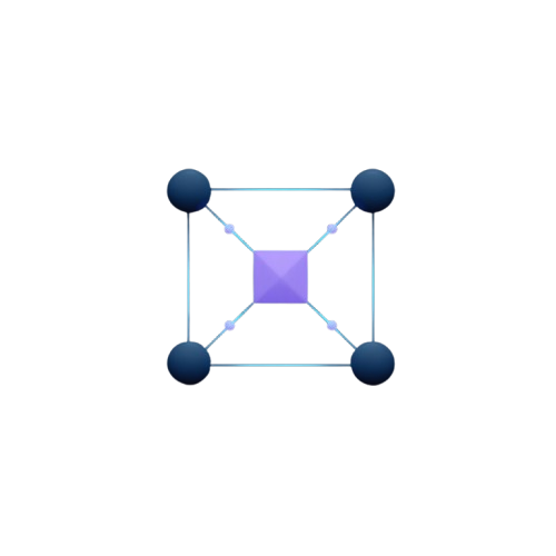 A minimalist geometric logo or icon featuring a central light purple square with a faceted top, connected by thin light blue lines to four dark blue circular nodes at the corners of a square, set against a plain white background.