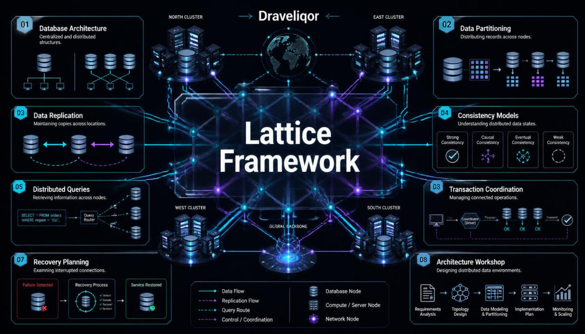 A dark-themed infographic titled 'Lattice Framework' with the Draveliqor name at the top, showing a central network diagram of database architecture components, clusters, replication, consistency models, distributed queries, transaction coordination, recovery planning, and an architecture workshop layout.