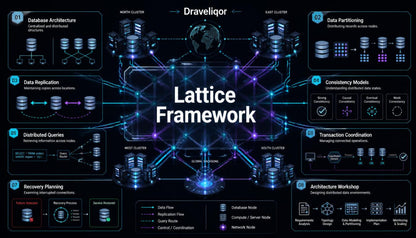 A dark-themed infographic titled 'Lattice Framework' with the Draveliqor name at the top, showing a central network diagram of database architecture components, clusters, replication, consistency models, distributed queries, transaction coordination, recovery planning, and an architecture workshop layout.