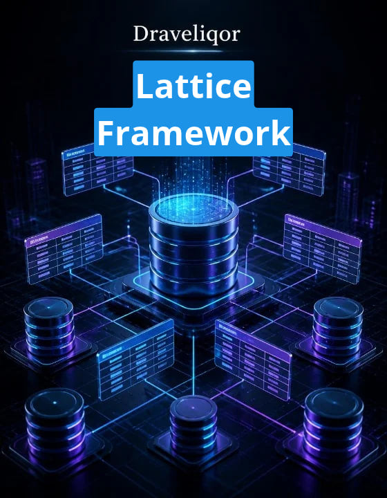 Digital cover graphic for 'Lattice Framework' by Draveliqor , featuring a futuristic dark blue and purple database network illustration with glowing server stacks and connected panels on a black background.