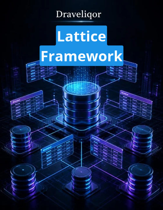 Digital cover graphic for 'Lattice Framework' by Draveliqor , featuring a futuristic dark blue and purple database network illustration with glowing server stacks and connected panels on a black background.