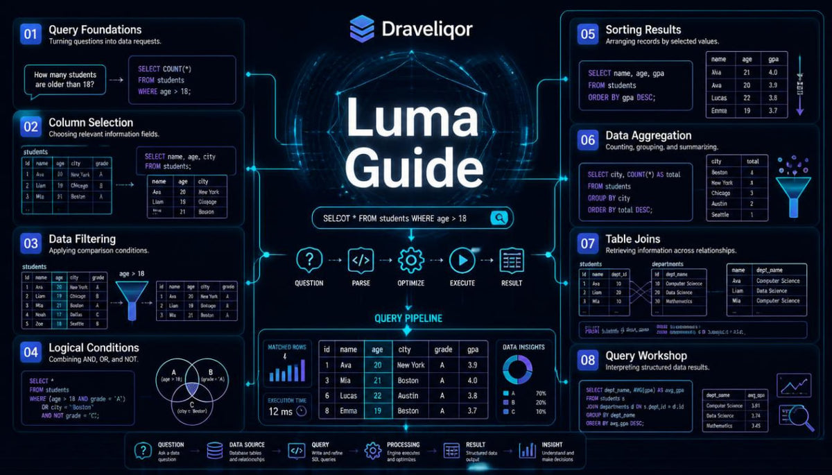 A digital infographic titled 'Luma Guide' by Draveliqor, featuring a dark blue and black background with glowing blue lines, charts, and text sections about database query concepts such as query foundations, column selection, data filtering, logical conditions, sorting results, data aggregation, table joins, and query workshop.
