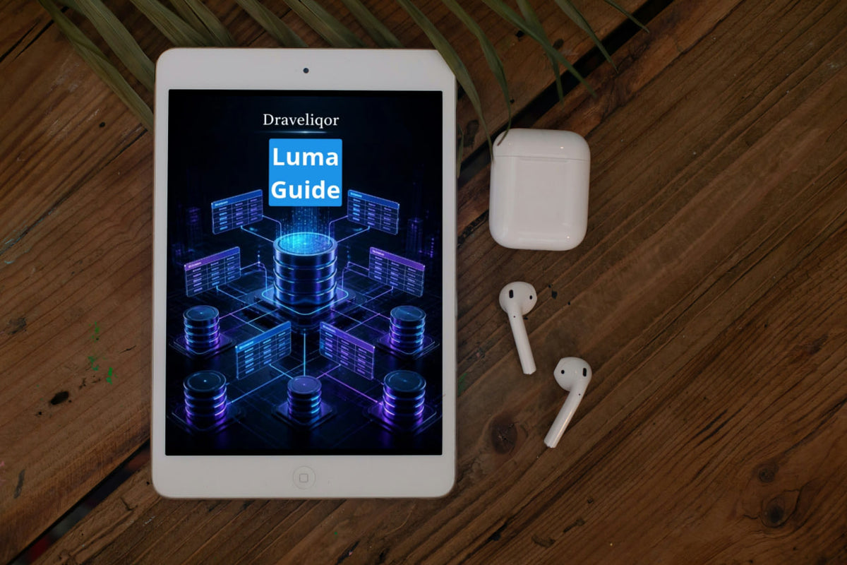 A tablet on a wooden surface displaying a digital guide titled 'Draveliqor Luma Guide,' with white wireless earbuds and their charging case placed beside it.