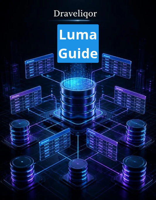 A digital cover-style graphic for a 'Luma Guide' by Draveliqor , featuring a central glowing database icon surrounded by connected screens and data nodes in blue and purple tones on a dark background.