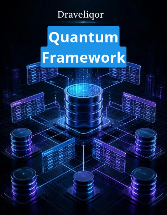 Digital graphic for 'Draveliqor Quantum Framework' featuring a central glowing blue database server connected to multiple floating data panels in a futuristic dark cybernetic setting.