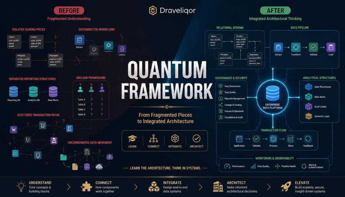 A dark promotional infographic for Draveliqor Quantum Framework, featuring a before-and-after comparison with various UI components, icons, and text elements in blue, purple, and white on a black background.