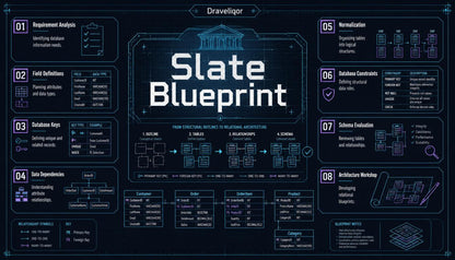 A dark blue and black infographic poster titled 'Slate Blueprint' with multiple numbered sections, technical diagrams, and text blocks related to database architecture and normalization. The brand name 'Dravelor' appears at the top.