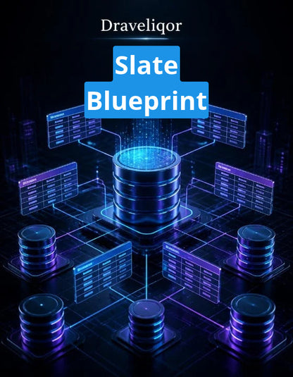 Digital cover graphic for 'Slate Blueprint' by Draveliqor , featuring a futuristic isometric database network design in glowing blue and purple tones against a dark background.