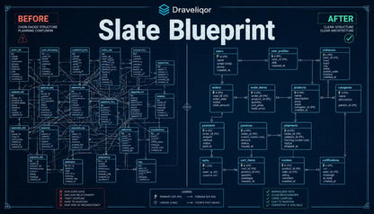 A digital infographic poster titled 'Slate Blueprint' by Draveliqor , comparing a chaotic 'Before' state with an organized 'After' state using a dark slate blue background and connecting boxes.